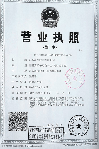 चीन Qingdao Hainr Wiring Harness Co., Ltd. प्रमाणपत्र